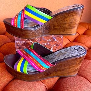 Y2K rainbow Brazilian wedge leather super comfy size 10